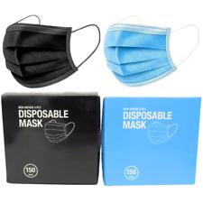 Disposable Face Masks 150 x 2 Non-Woven 3-Ply Masks Blue/Black - Job Lot 2 Packs