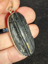 Raw Black Tourmaline Silver plated oval gemstone pendant