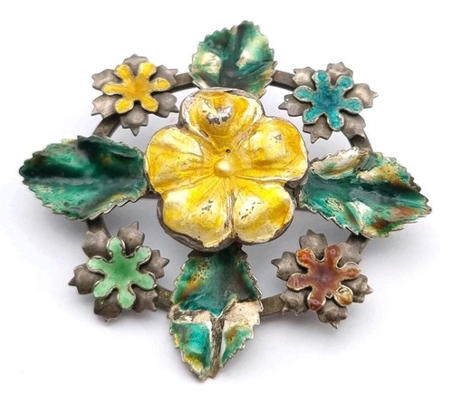 Silver enamel flower brooch - enamel,