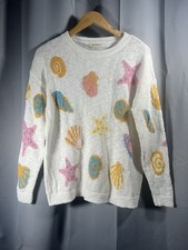 WoolOvers Cream 100% Cotton Jumper M Seashell Starfish Beach Print Pastel Knit