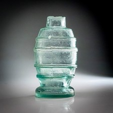 Antique Barrel Aqua Glass Crack Top Ink Bottle Mould Blown c1870 Unusual Rare