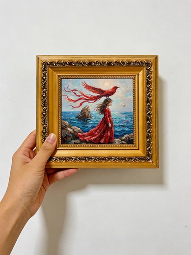 Red gown woman bird - bird, oil