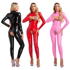 Women's Metallic Leather Open Bust Bodycon Jumpsuit Wet Look Long Sleeve Catsuit