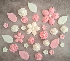 Pink & White Edible Fondant Sugar Flowers Bouquet with Leaves Cake Topper