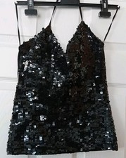 Zara Y2K VTG Black Sequin Ribbon Halter Neck Top Size Medium Sparkle Travel Star