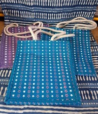 3 x Jute Hessian Bags - Blue Purple Printed Star Pattern