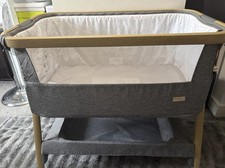 Tutti Bambini Cozee Bedside Crib Oak Charcoal with Bedding Excellent Condition