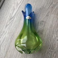 Vintage Retro Bohemia Czechoslovakian Green & Blue Crystal Art Glass Vase, 60's