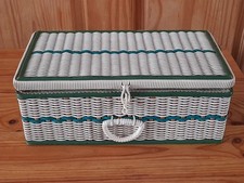 Vintage  Green & White Woven Plastic Wicker Sewing Box with satin lining  1960's