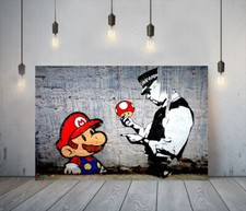 BANKSY MARIO AND COP -DEEP FRAMED CANVAS WALL ART PICTURE PAPER PRINT- RED BLUE
