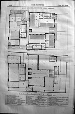 Old Print 1872 Builder Plan School Buildings Winchester Street Finsbury 19th