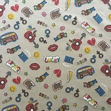 Fat Quarter Multicoloured Hippie Guitar Music Bohemian Print Cotton Linen Fabric
