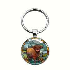 Highland Cow Mountains Circular Handmade Fashionable Keyring Handcrafted Gift