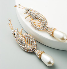 Big Golden Crayfish Shrimp Prawn Crystal Embellished Stud Earrings
