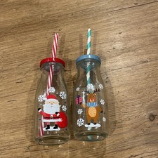 Set of 2 Drinking Jars with Lids & Straws Christmas Reusable Plastic Mason Red