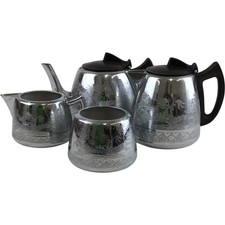 Swan Brand Cromalin Willo Ware Silver Plate Tea Coffee Set  Vintage 1960s