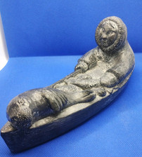 Canada First Nations Inuit Handmade Soapstone Seal Hunter Fisherman Figure