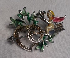 Vintage 1950s Enamel Marcasite Heart Cupid Brooch Valentine