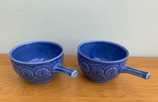 Pair of  Vintage Tams Pottery Blue Ceramic Soup Bowls with Handles England  