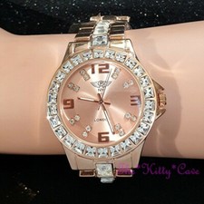 Ladies Rose Gold Plated Princess Square Cut Crystal Bling Statement Dress Watch