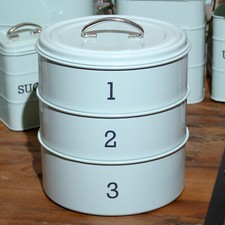 Retro Blue 3 Tier Stacking Cake Tins Vintage Metal Round Kitchen Food Storage