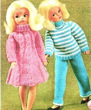 12" teenage doll vintage knitting pattern 4 ply. Fits Sindy, Barbie cable dress.