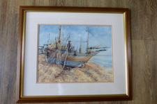 Original Watercolour painting 'net gathering in Hythe' Kent signed Michael Jones