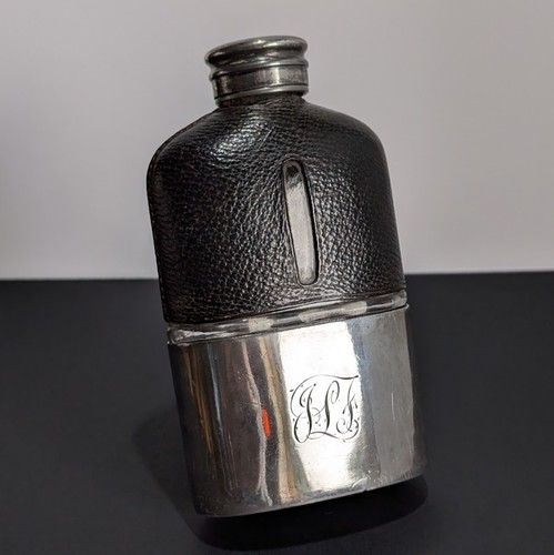 Antique epbm hip flask leather - antique,