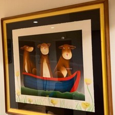 Rare  Hand Remarqued Mackenzie Thorpe Lithograph – Three Dogs in a Boat. COA.