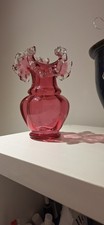 Fenton Art Glass Cranberry Crimped Optic Vases and dish with Ruffled Rim Edging 
