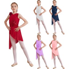 UK Girls Dancewear Performance Leotards Irregular Hem Dress Waltz Dresses Shiny