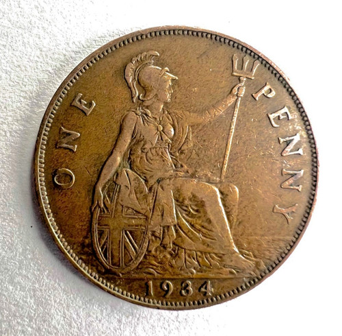 1934 george one penny coin - 1934, v