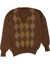 VINTAGE Mens V-Neck Jumper Sweater Medium Brown Argyle/Diamond AZ04