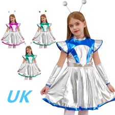 UK Kids Girls Alien Costume Halloween Space Man Dress w/Arm Sleeves Hair Hoop