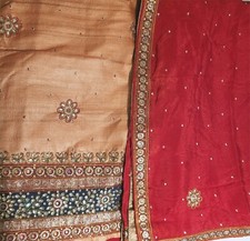 Golden Peach & Red unstitched kameez suit fabric - Indian, Pakistani, Bengali