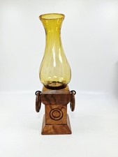Vintage Wood And Amber Glass Candle Lantern Rustic Decorative
