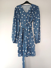 BNWOT Ladies Knee Length Ruffle Dress in Blue & White Spot Design Size XXL