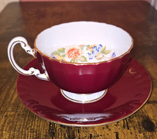 AYNSLEY Tea Cup and Saucer Cottage Garden Burgandy Deep Red Bone China England