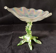 Antique Walsh Iridescent Leaf Bowl & Uranium Thorn Glass Stem Dish/Bowl c1900 2*