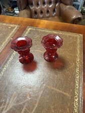 Vintage Pair Of Ruby Red Glass Candlestick Holders 10x8cm