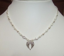 Guardian Angel Wings Crystal White Pearl and Silver Bead Necklace in Gift Bag