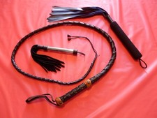 Bull whip, 5 ft, genuine leather + cock whip + flogger, as Halloween costume set
