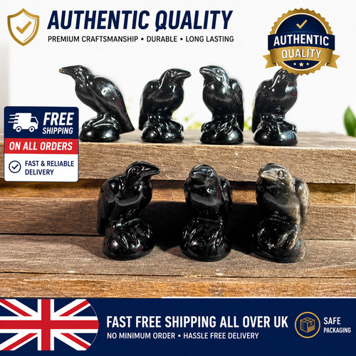 Obsidian crystal crow figurine - obsidian,