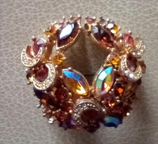 Vintage diamante brooch shiny gold tone multi colour cluster costume jewellery