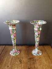 PAIR OF ART DECO CROWN DUCAL FLORAL VICTORIA CHINTZ BUD VASES / CANDLE HOLDERS