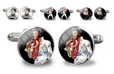 Gift Bag + Silver Tone Elvis Presley Cufflinks Music Rock Cuff LInks Round UK