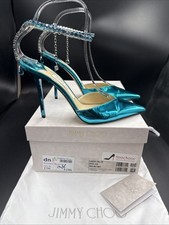 Jimmy Choo Saeda 100 Malibu Blue Metallic Leather Crystal Heels Shoes Uk 5 Eu 38
