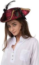 Ladies Pirate Hat Red Lace Feather Fancy Dress Costume Accessory Tricorn