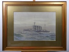 Antique Watercolour WW1 Naval Ship HMS MINOTAUR. Signed Frank E Woodhams 1916