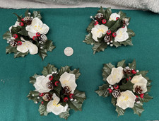 CHRISTMAS, Faux Flower and Berry Taper/Dinner Candle Rings, Set of 4